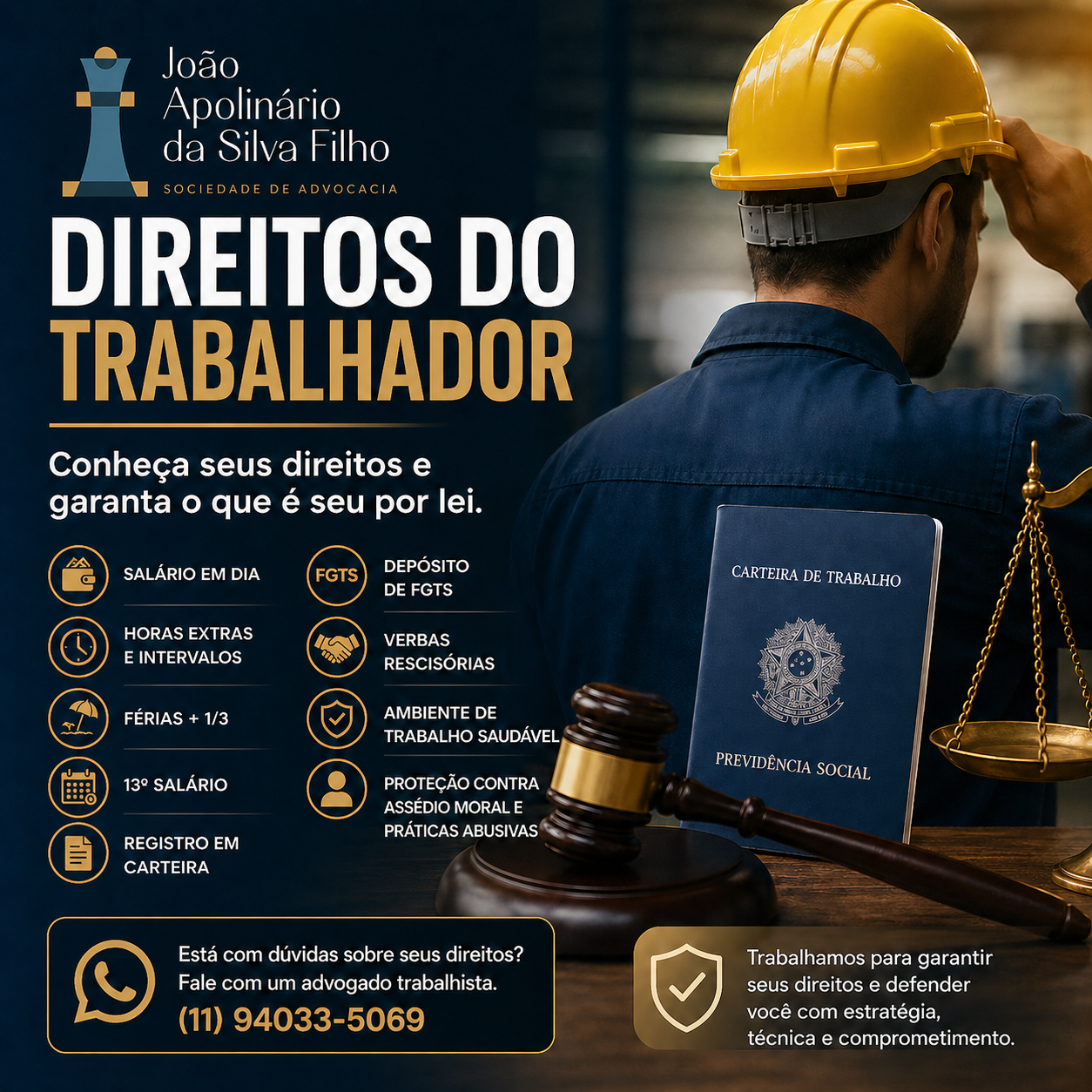 Direitos do trabalhador com advogado trabalhista e carteira de trabalho em destaque